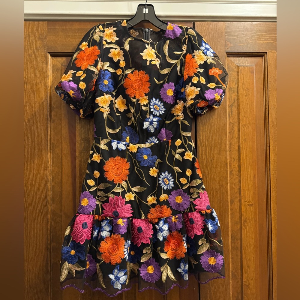 EUC- Milly Yasmin Floral Embroidered Puff Sleeve Mesh Fit & Flare Dress- size 2